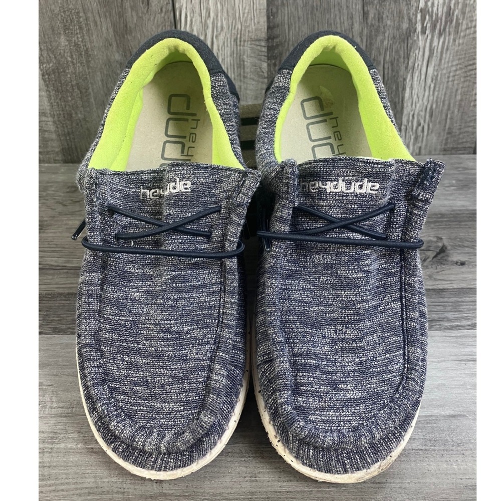Hey Dude Wally Youth Stretch Naval Speckle Navy Neon Lime Loafers Size Y2 EU 34 - Picture 3 of 7